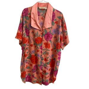 Victoria's Secret Vintage Button Down Night Shirt Gown Coral Peach Floral Small